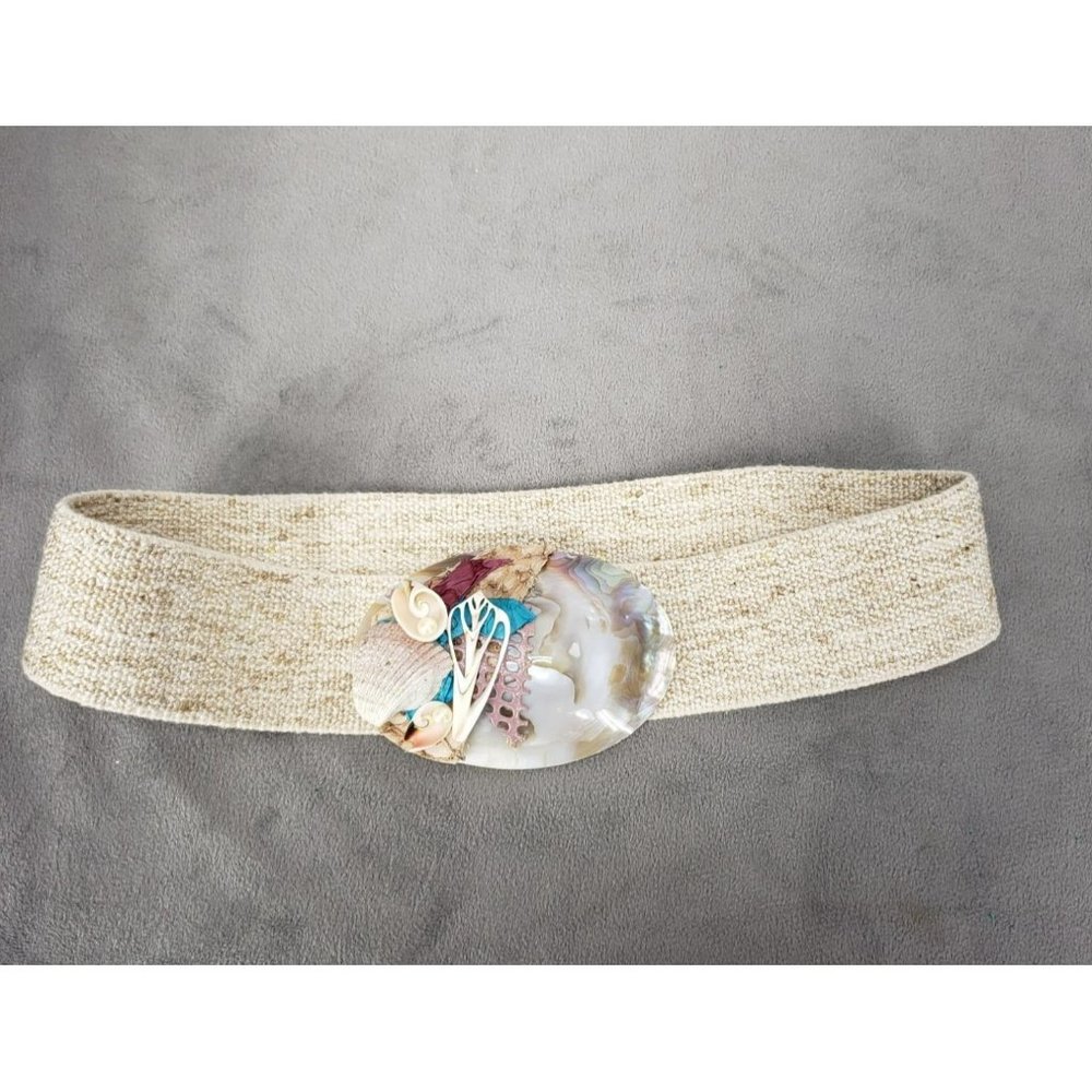 Bari Vintage Tan Woven Belt Unique Buckle Stones Shells‎ Adjustable
